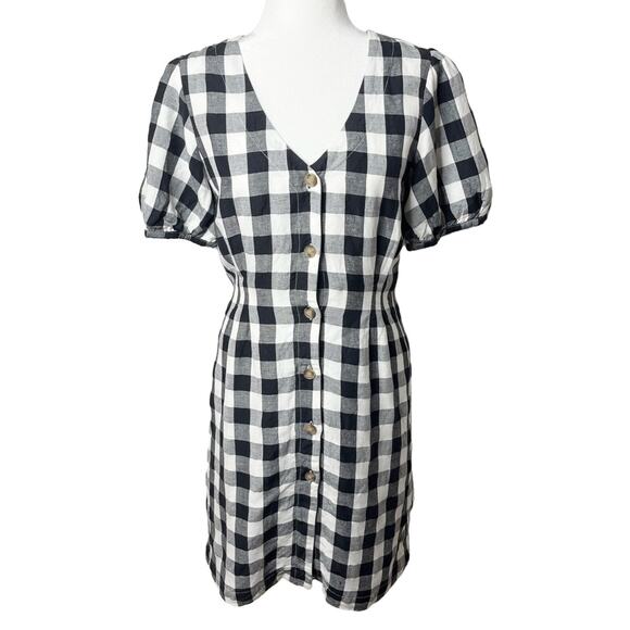 Loft Womens Gingham Dress 4 Black & White Button V-Neck Linen Puff Sleeve Sheath - Picture 1 of 10